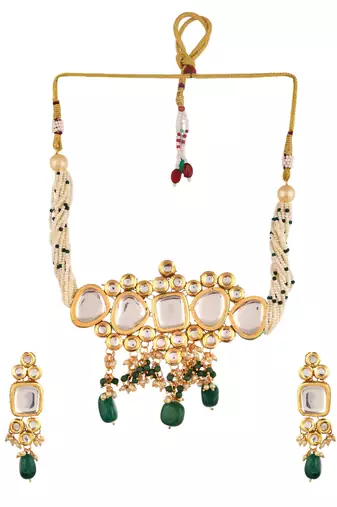 Green kundan & pearl layered bridal necklace set with earrings