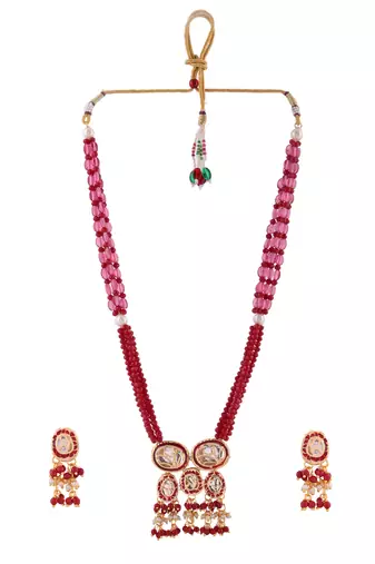 Red beaded kundan necklace set with earrings