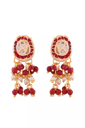 Red beaded kundan necklace set with earrings