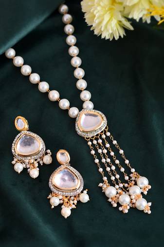 Pearl drop kundan necklace set with teardrop crystals