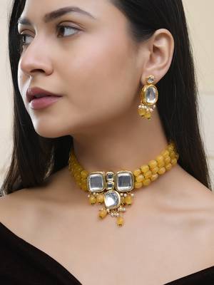 "yellow beaded mirror work necklace set with earrings 1