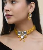"yellow beaded mirror work necklace set with earrings