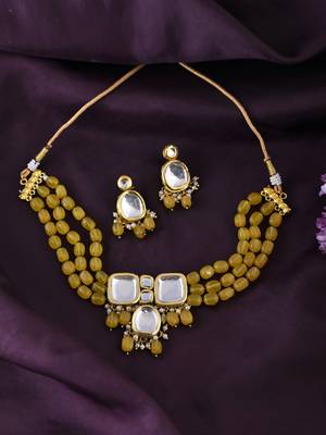 "yellow beaded mirror work necklace set with earrings 2