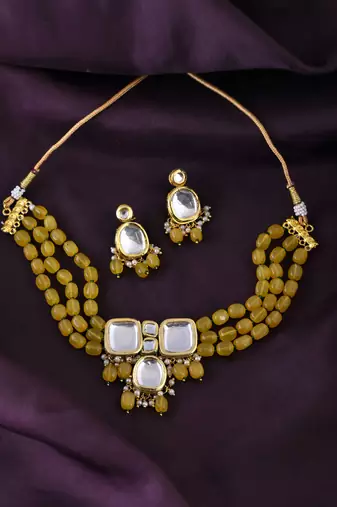 "yellow beaded mirror work necklace set with earrings