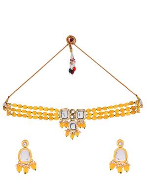 "yellow beaded mirror work necklace set with earrings 3