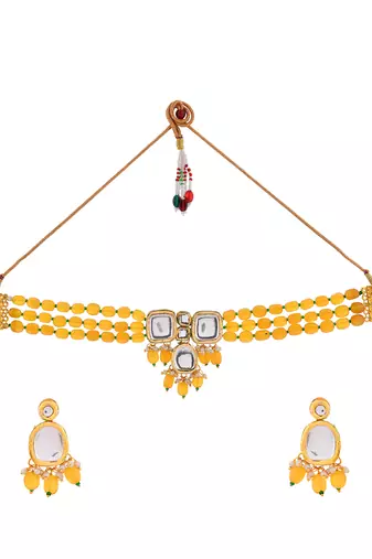"yellow beaded mirror work necklace set with earrings