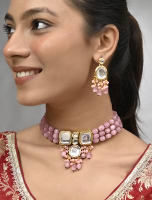 "pink beaded kundan choker necklace set with earrings 1
