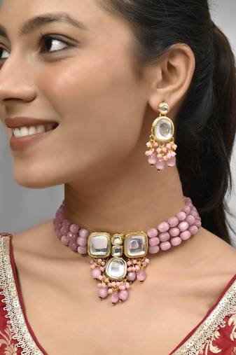 "pink beaded kundan choker necklace set with earrings