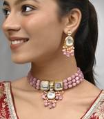 "pink beaded kundan choker necklace set with earrings