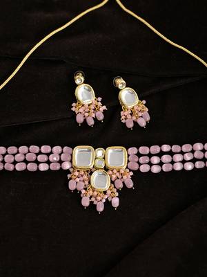 "pink beaded kundan choker necklace set with earrings 2
