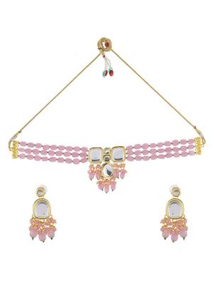 "pink beaded kundan choker necklace set with earrings 3