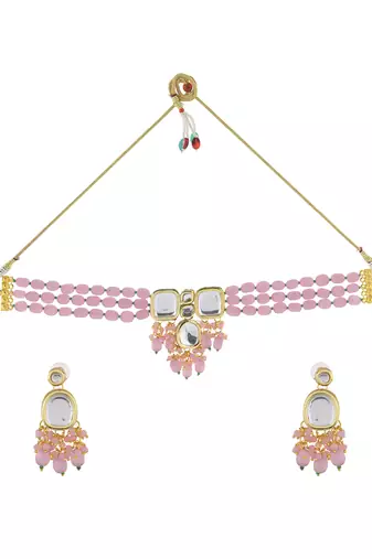 "pink beaded kundan choker necklace set with earrings
