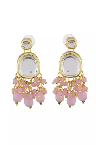 "pink beaded kundan choker necklace set with earrings