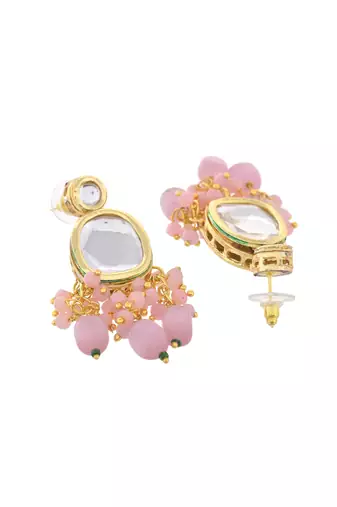 "pink beaded kundan choker necklace set with earrings
