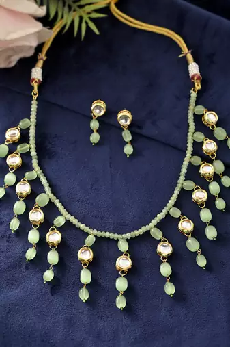 Green beaded kundan necklace set with earrings