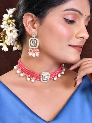 Pink beaded pearl kundan choker set with earrings 1