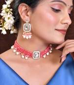 Pink beaded pearl kundan choker set with earrings