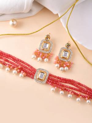 Pink beaded pearl kundan choker set with earrings 2