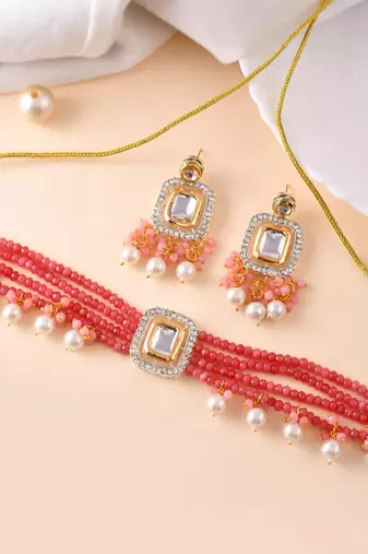 Pink beaded pearl kundan choker set with earrings