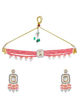 Pink beaded pearl kundan choker set with earrings 3