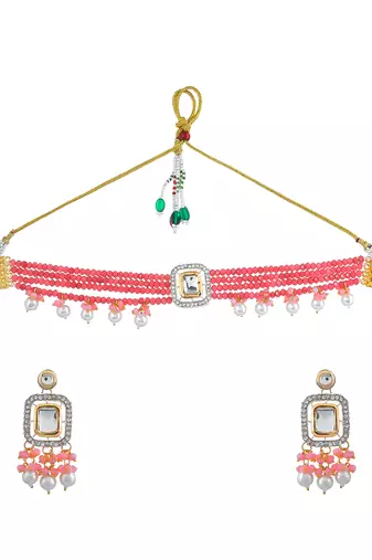 Pink beaded pearl kundan choker set with earrings