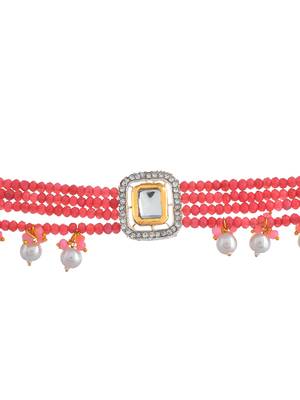 Pink beaded pearl kundan choker set with earrings 4