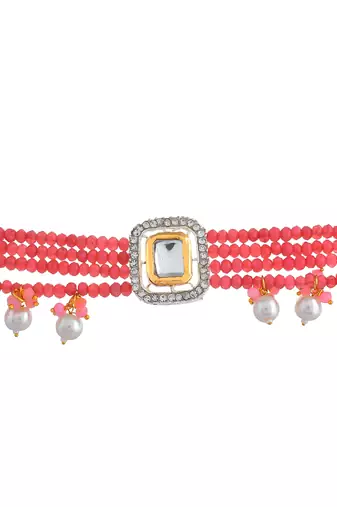 Pink beaded pearl kundan choker set with earrings