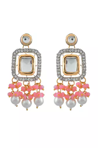 Pink beaded pearl kundan choker set with earrings