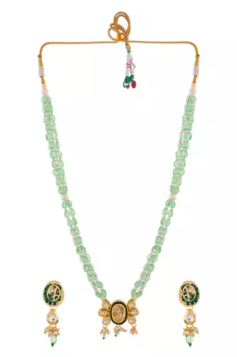Green beaded kundan necklace set with pearl drops & earrings
