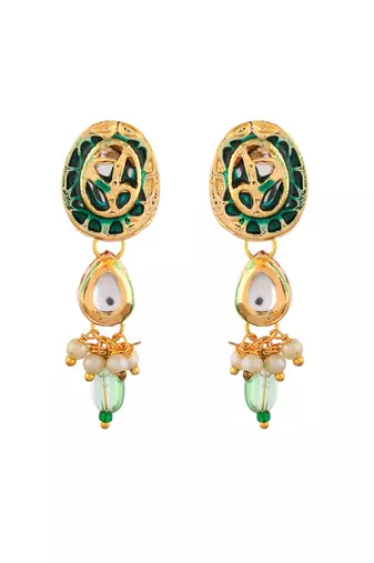 Green beaded kundan necklace set with pearl drops & earrings