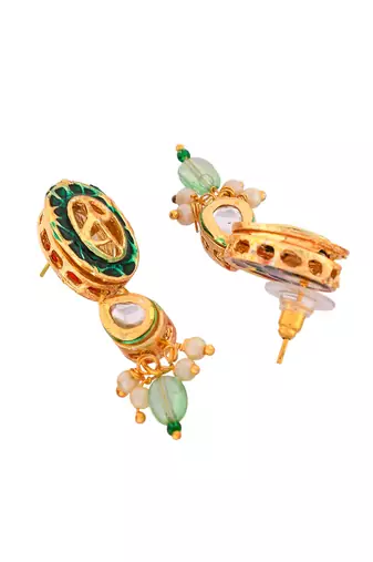 Green beaded kundan necklace set with pearl drops & earrings