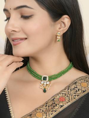 "green beaded kundan necklace set with pearl drops 1