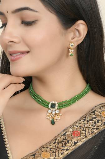 "green beaded kundan necklace set with pearl drops
