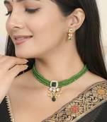"green beaded kundan necklace set with pearl drops