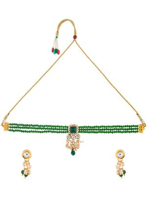 "green beaded kundan necklace set with pearl drops 3