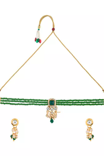 "green beaded kundan necklace set with pearl drops