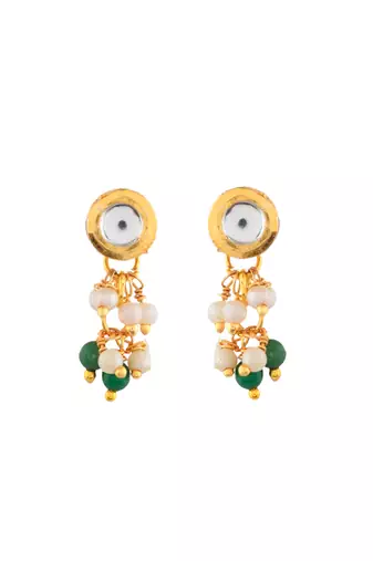 "green beaded kundan necklace set with pearl drops