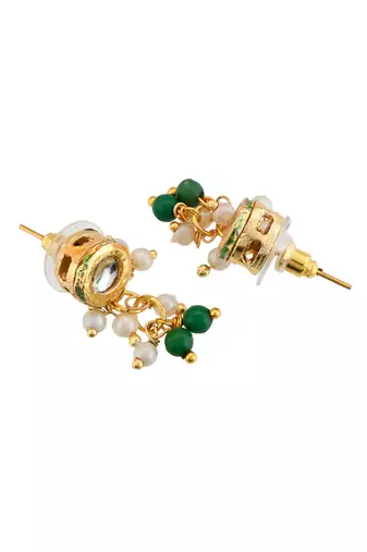 "green beaded kundan necklace set with pearl drops