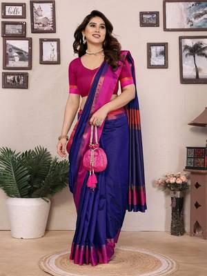 Blue silk blend heavy border fancy latest collection saree 1