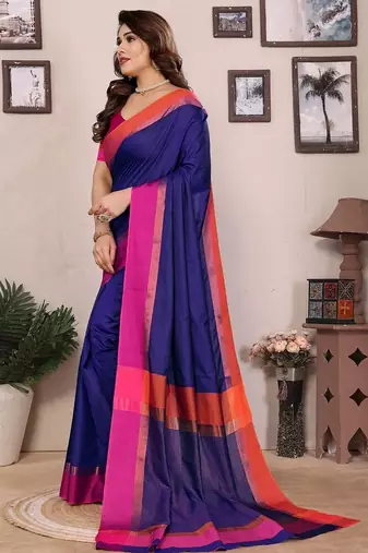 Blue silk blend heavy border fancy latest collection saree