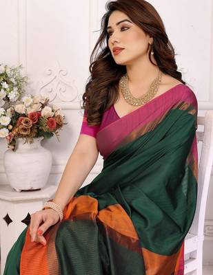 Green silk blend heavy border fancy latest collection saree 4