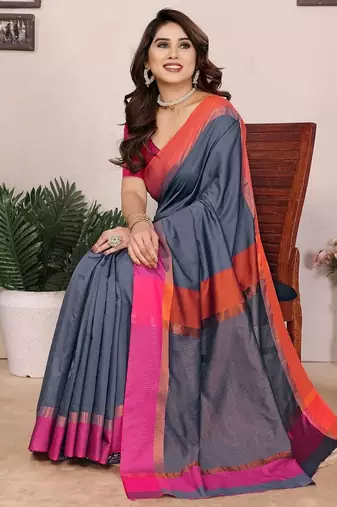 Grey silk blend heavy border fancy latest collection saree