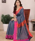 Grey silk blend heavy border fancy latest collection saree