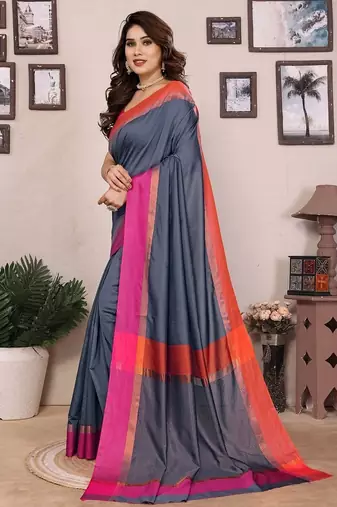 Grey silk blend heavy border fancy latest collection saree