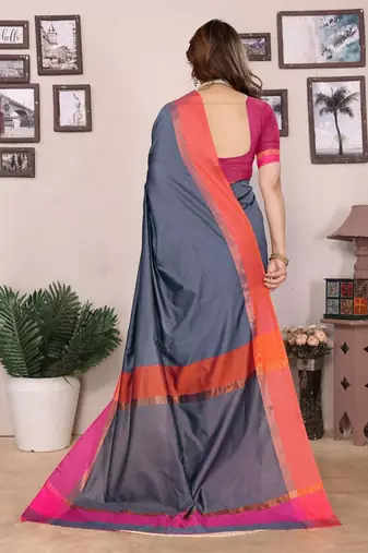 Grey silk blend heavy border fancy latest collection saree