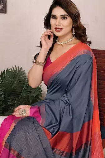 Grey silk blend heavy border fancy latest collection saree