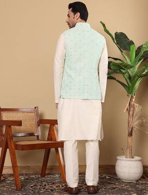Green silk embroidered nehru jacket for mens 1