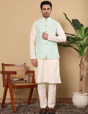 Green silk embroidered nehru jacket for mens 2