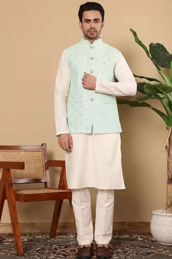 Green silk embroidered nehru jacket for mens