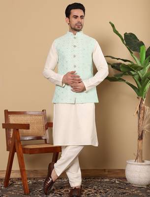Green silk embroidered nehru jacket for mens 3